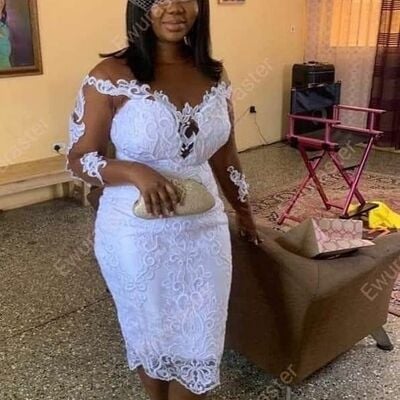 Simple sheath 3/4 long sleeve lacetea-length african wedding dress bridal dress