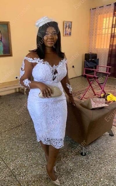 Simple Sheath 3/4 Long Sleeve LaceTea-length African Wedding Dress Bridal Dress