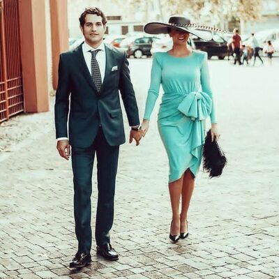 Mint green sheath simple tea-length mother of the bride/groom dress
