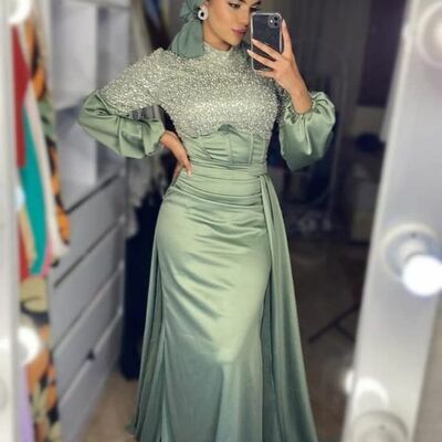Oliver green mermaid lace boidce muslim prom dress evening dress