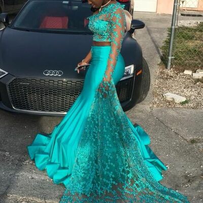 Two pieces blue lace mermaid african prom dress evening dress
