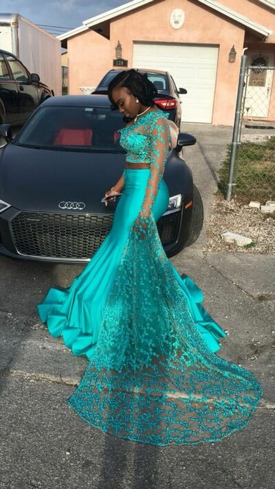 Two Pieces Blue Lace Mermaid African Prom Dress Evening Dress
