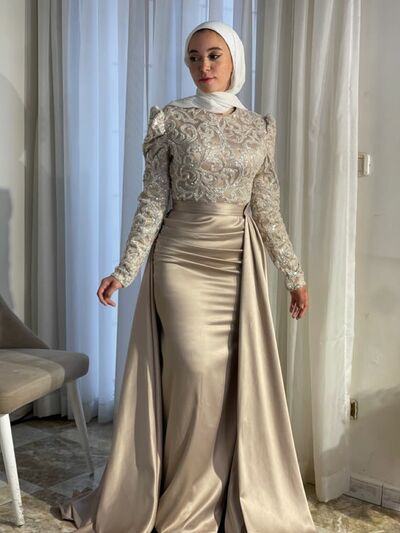 Champagne Mermaid Lace Boidce Muslim Prom Dress Evening Dress