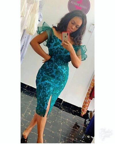 Dark Green and Blue Lace Sheath Tea-length African Prom Dress Evening Dress