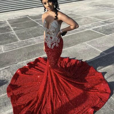 Red sheath beading crsytals african prom dress evening dress