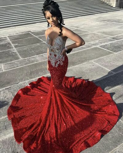 Red Sheath Beading Crsytals African Prom Dress Evening Dress
