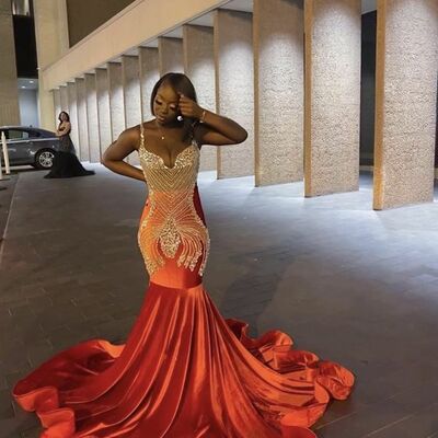 Orange mermaid lace afrcian prom dress evening dress