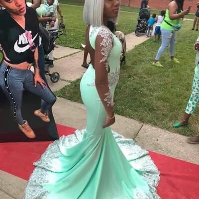 Light green sheath lace applques african prom dress evening dress