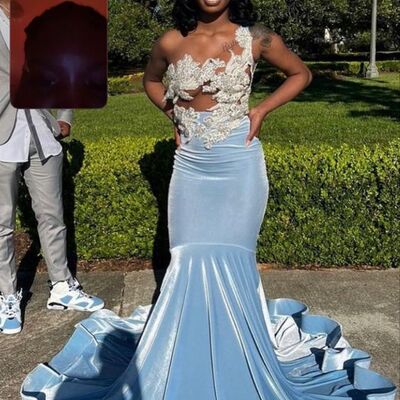 Baby blue mermaid lace appliques  afrcian prom dress evening dress