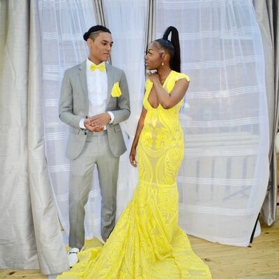 Yellow mermaid sequins lace afrcian prom dress evening dress