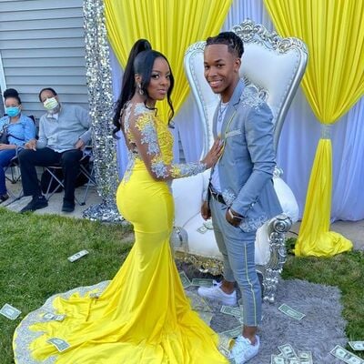 Yellow mermaid crew neck lace appliques afrcian prom dress evening dress