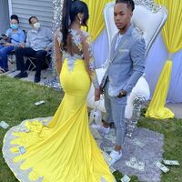 Yellow Mermaid Crew Neck Lace Appliques Afrcian Prom Dress Evening Dress - Thumbnail 1