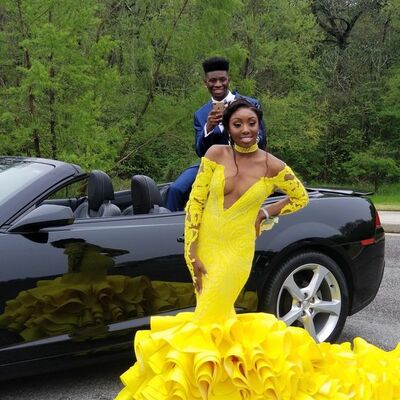 Yellow mermaid  lace appliques tiered afrcian prom dress evening dress