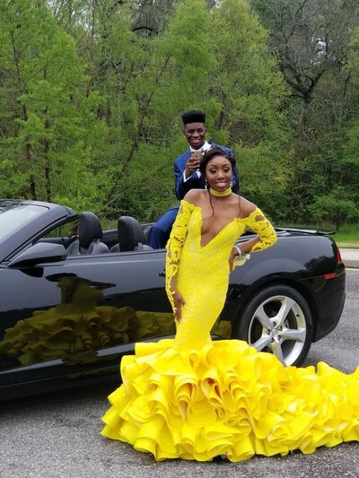 Yellow Mermaid  Lace Appliques Tiered Afrcian Prom Dress Evening Dress