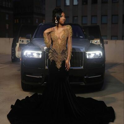 Black mermaid yellow lace appliques  afrcian prom dress evening dress