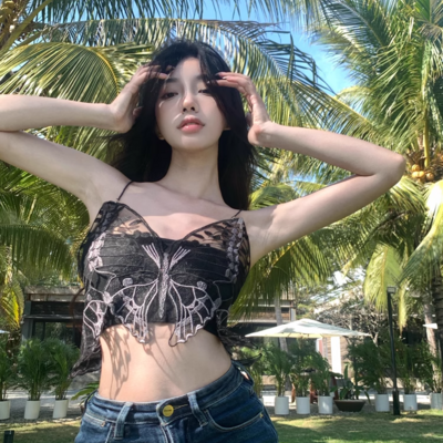 Sexy black butterfly spaghetti strap tank top y2k style summer girl