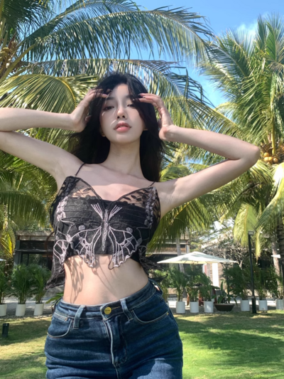 Sexy Black Butterfly Spaghetti Strap Tank Top Y2K Style Summer Girl