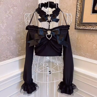 Sweetheart princess black white vintage coquette bow heart diamond pearl lace bell sleeves long sleeve shirt top