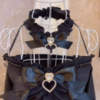 Sweetheart Princess Black White Vintage Coquette Bow Heart Diamond Pearl Lace Bell Sleeves Long Sleeve Shirt Top - Thumbnail 2