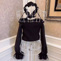 Sweetheart Princess Black White Vintage Coquette Bow Heart Diamond Pearl Lace Bell Sleeves Long Sleeve Shirt Top - Thumbnail 5