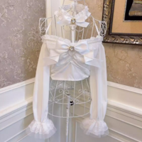 Sweetheart Princess Black White Vintage Coquette Bow Heart Diamond Pearl Lace Bell Sleeves Long Sleeve Shirt Top - Thumbnail 6