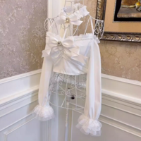 Sweetheart Princess Black White Vintage Coquette Bow Heart Diamond Pearl Lace Bell Sleeves Long Sleeve Shirt Top - Thumbnail 7