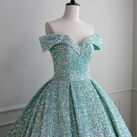 Blue Sequins Long Prom Dress, Off Shoulder Evening Dress - Thumbnail 1