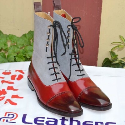 New Handmade Mens Gray Suede Burgundy Leather Ankle High Dress Boot