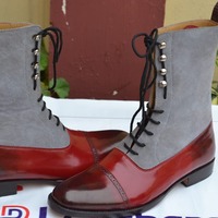 New Handmade Mens Gray Suede Burgundy Leather Ankle High Dress Boot - Thumbnail 1