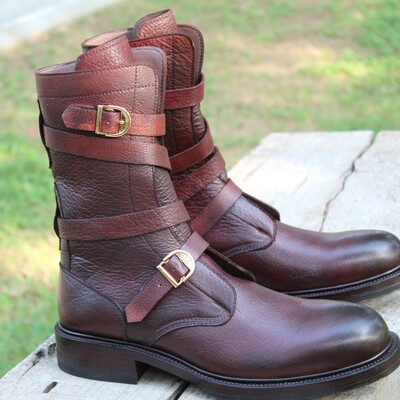 Handmade burgundy color buckle strap long military ankle high army boot - Thumbnail 5