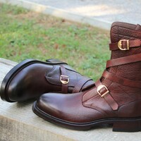 Handmade Burgundy Color Buckle Strap Long Military Ankle High Army Boot - Thumbnail 1