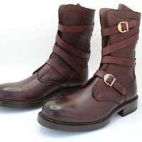 Handmade Burgundy Color Buckle Strap Long Military Ankle High Army Boot - Thumbnail 2