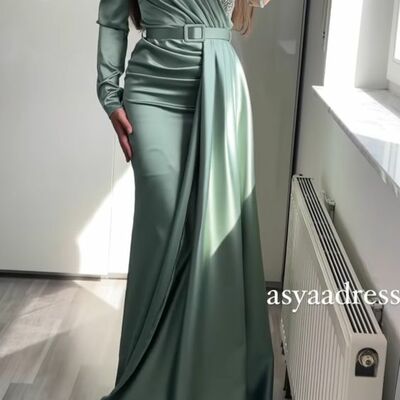 Olive green mermaid lace appliques prom dress evening dress