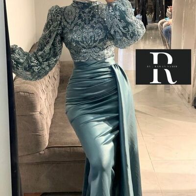 Olive green mermaid lace appliques muslim prom dress evening dress