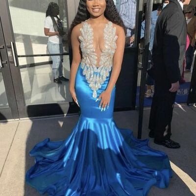 Royal blue mermaid sequins beading afrcian prom dress evening dress