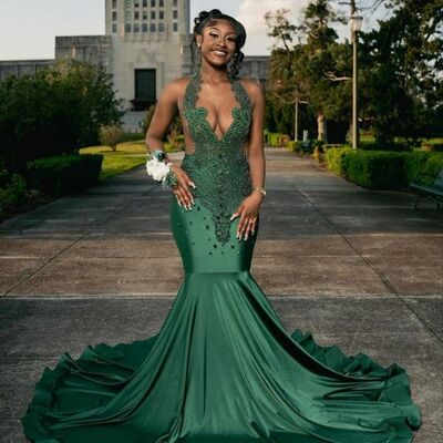 Dark green mermaid lace appliques afrcian prom dress evening dress