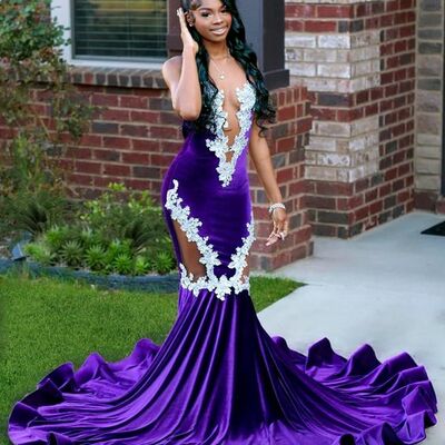 Purple mermaid lace appliques african prom dress evening dress
