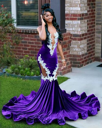 Purple Mermaid Lace Appliques African Prom Dress Evening Dress