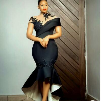 Black mermaid lace appliques african prom dress evening dress