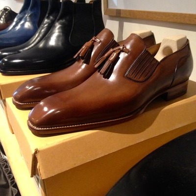 Unique men's hand stitch hot sale shoes, genuine leather tassels loafer formal wear shoes