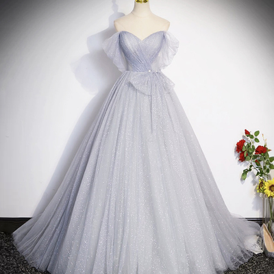 Gray tulle long prom dress, off shoulder evening dress party dress - Thumbnail 3