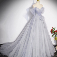 Gray Tulle Long Prom Dress, Off Shoulder Evening Dress Party Dress - Thumbnail 1