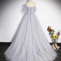 Gray Tulle Long Prom Dress, Off Shoulder Evening Dress Party Dress - Thumbnail 2