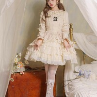Music Box White Cream Color Sweet Princess Lace Bow Dollcore Girl Strap Dress - Thumbnail 2