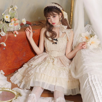 Music box white cream color sweet princess lace bow dollcore girl strap dress