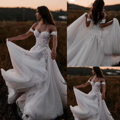 Off Shoulder Wedding Dresses Bridal Gown with Lace Appliques