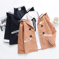 Cute Rabbit Ears Horn Button Navy Collar Preppy Wool Coat Jacket - Thumbnail 5