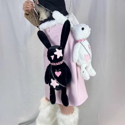 Black white rabbit doll cute plush chain star love collar coin purse bag