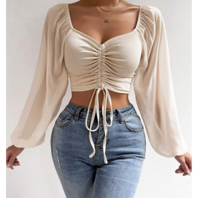 Long sleeved pit stripe patchwork chiffon tight top