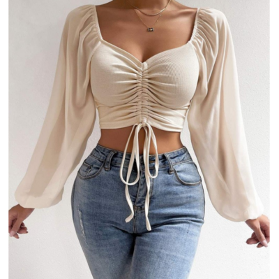 Long Sleeved Pit Stripe Patchwork Chiffon Tight Top